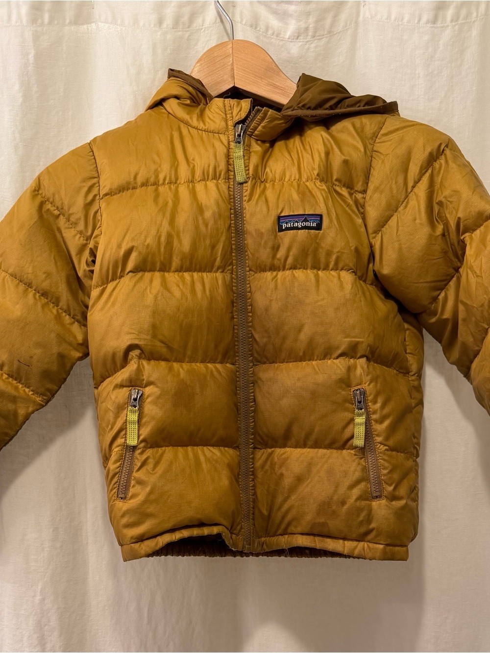 Patagonia Kids Hooded Puffer Jacket - Mustard Yellow in Play Condition